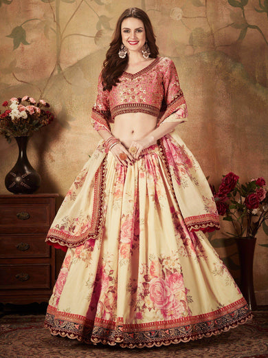 Off White Floral Digital Printed Organza Bridal Lehenga Choli